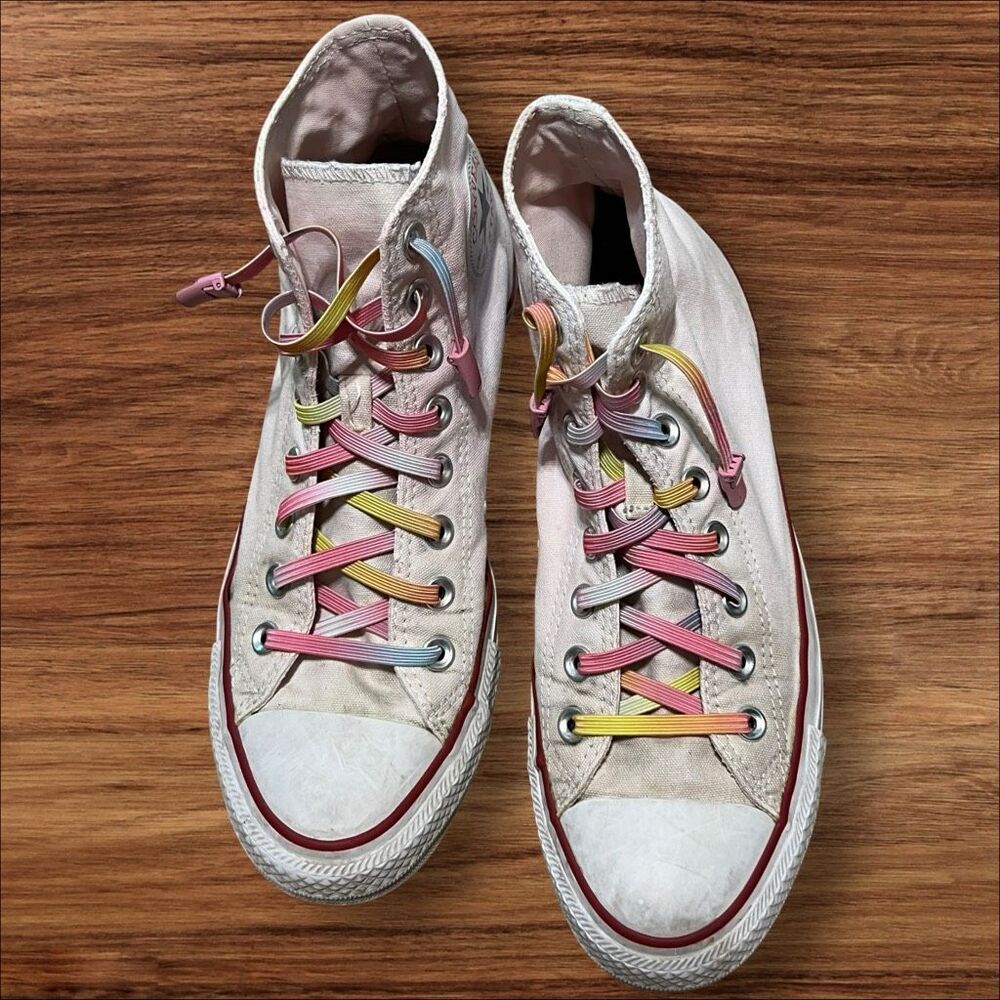 👓 Converse Chuck Taylor All Star High Top Sneakers Pink Tint Rainbow Laces SZ 9